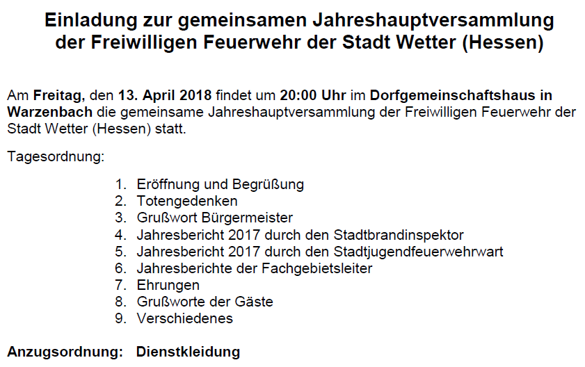 Einladung zur JHV 2018 der Feuerwehr Wetter mit TOP
